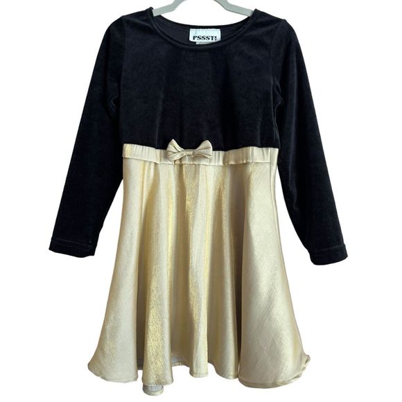 Vintage Pssst Girls 6X Black Velvet Bodice Dress with Shiny Gold Satin Skirt Bow - Picture 8 of 9